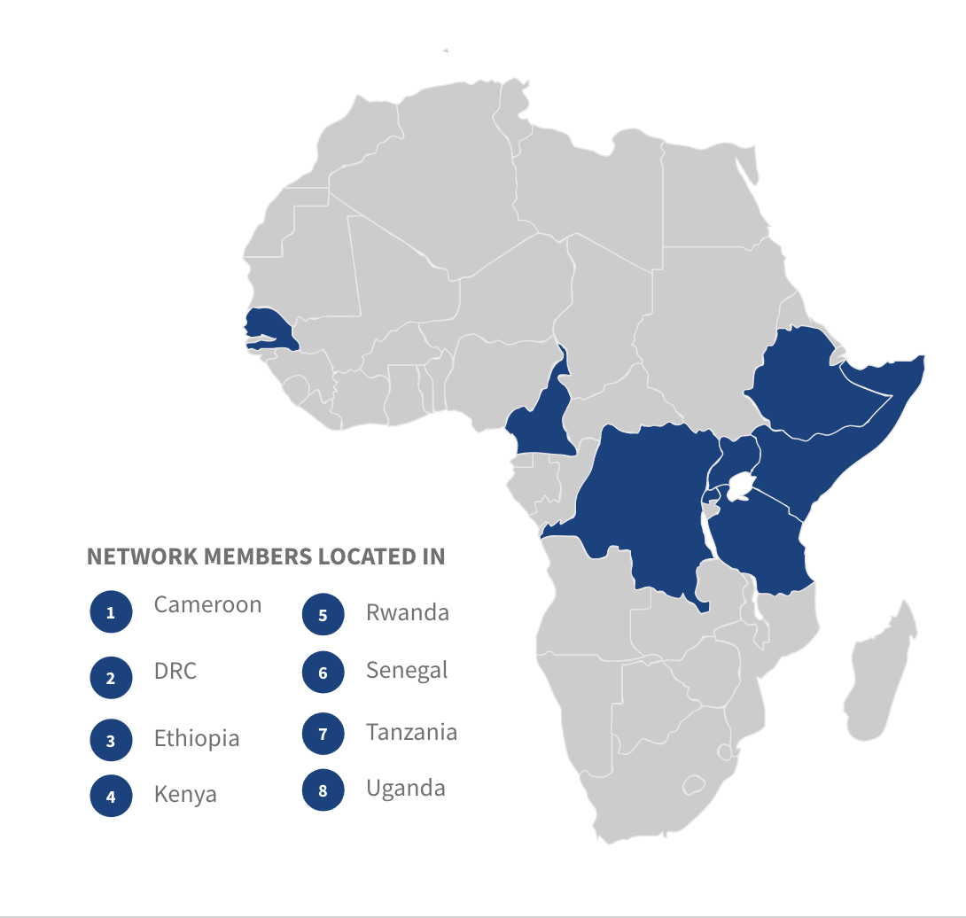 Map of Africa with network members (Cameroon, DRC, Ethiopia, Kenya, Rwanda, Senegal, Tanzania, and Uganda) colored in blue